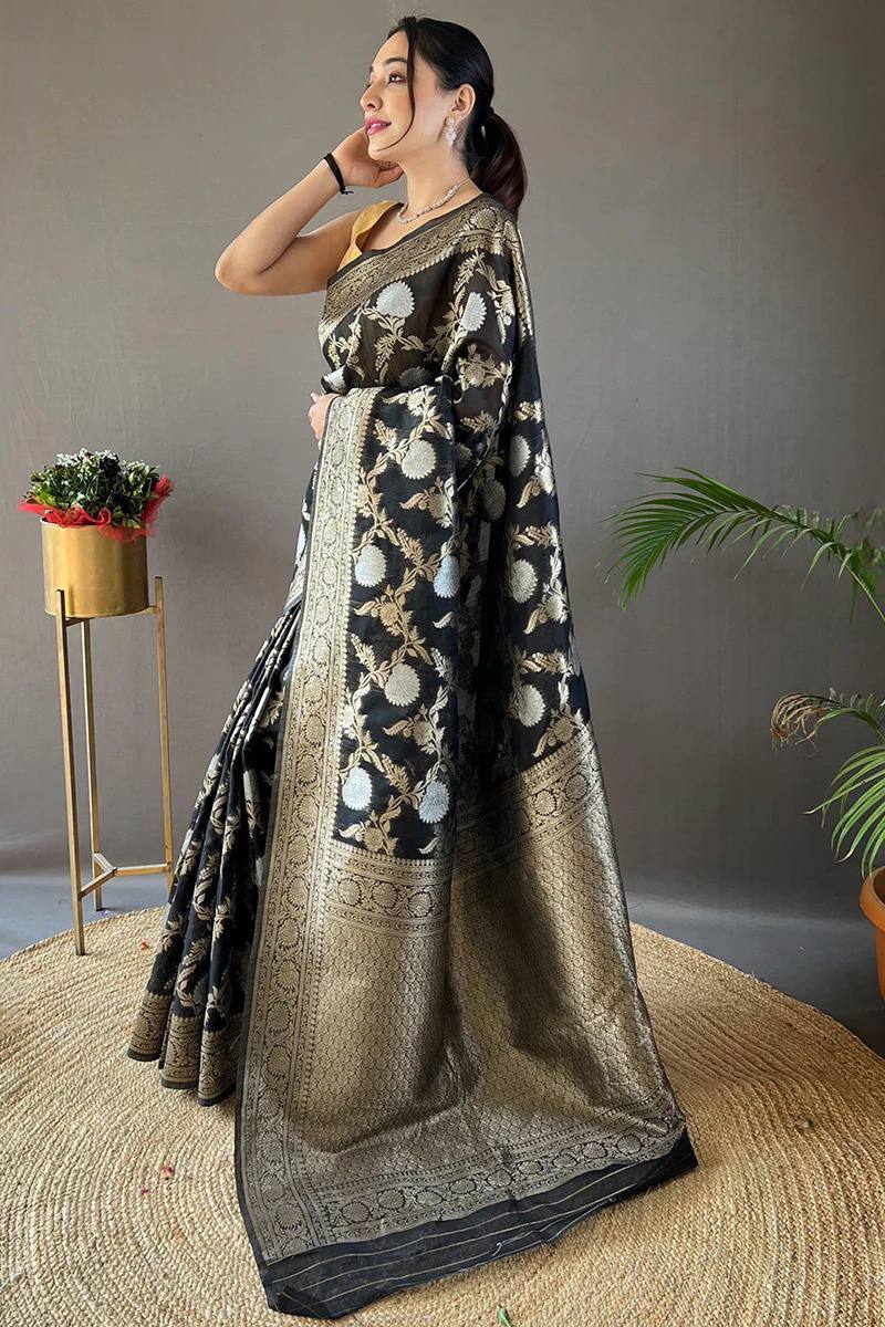 Orvi Black Soft Banarasi Silk Saree With Imaginative Blouse Piece