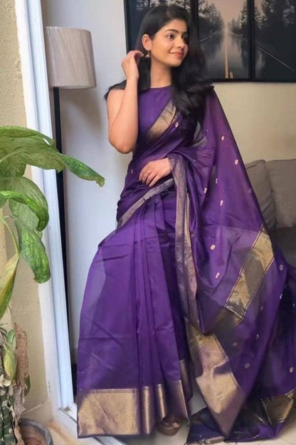 Beauteous Deep Rich Purple Soft Cotton Silk Saree With especial Blouse Attached