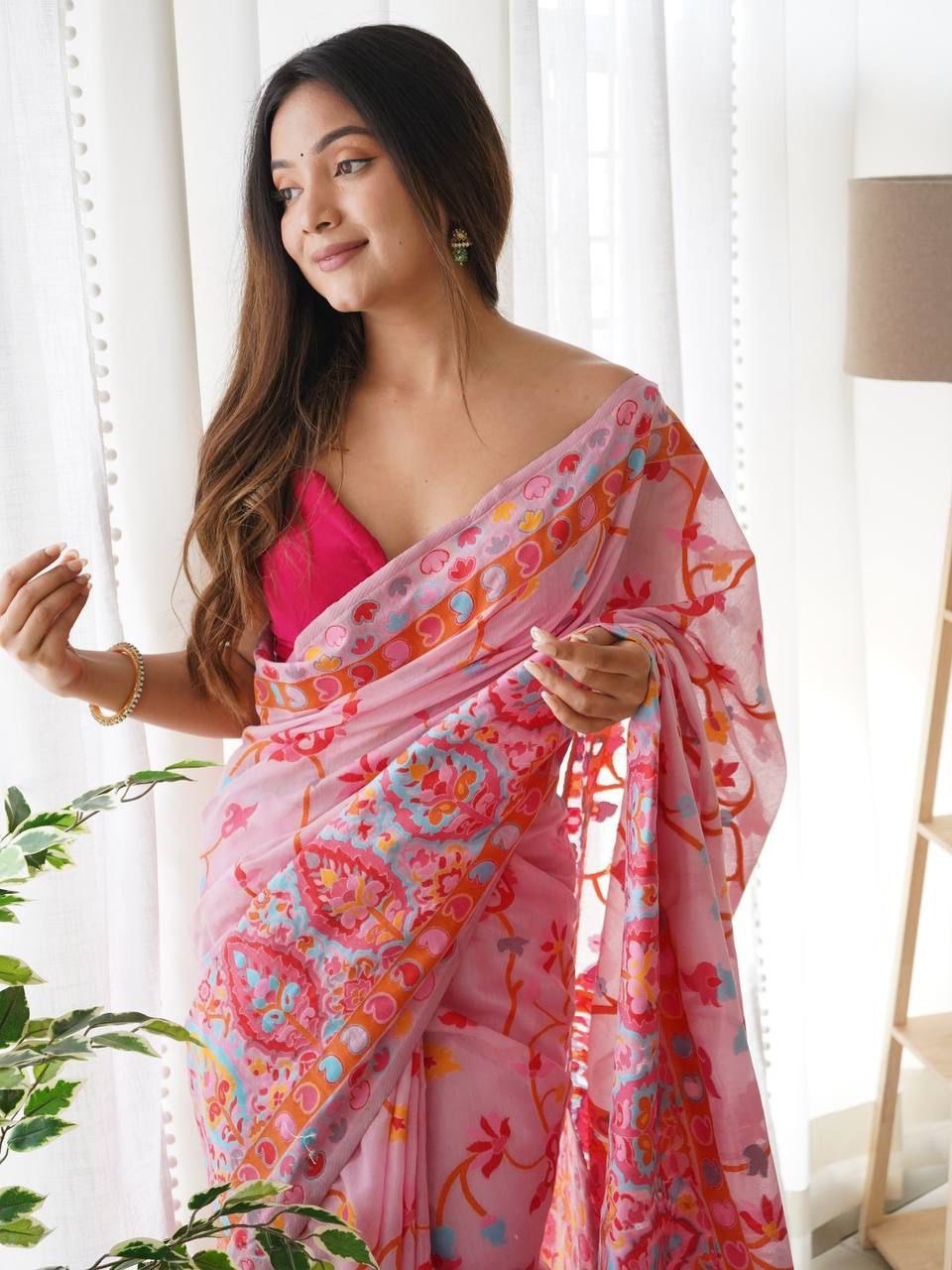 Mahira Pink Cotton Woven Kashmiri Saree