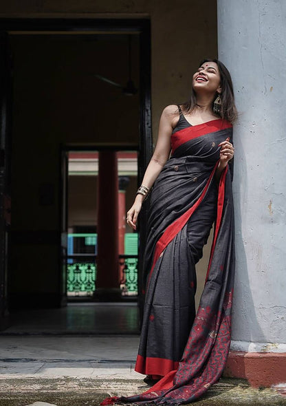 Vindhya BlackRed Border Soft Linen Slub Saree With AttractiveBlouse