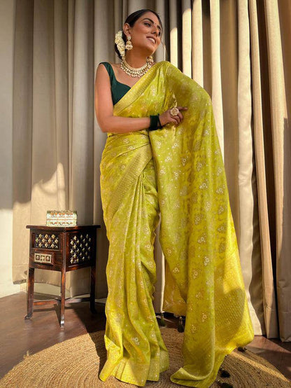 Jamsa Yellow Banarasi Silk Saree With Attractive Blouse Piece