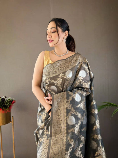 Orvi Grey Soft Banarasi Silk Saree With Imaginative Blouse Piece