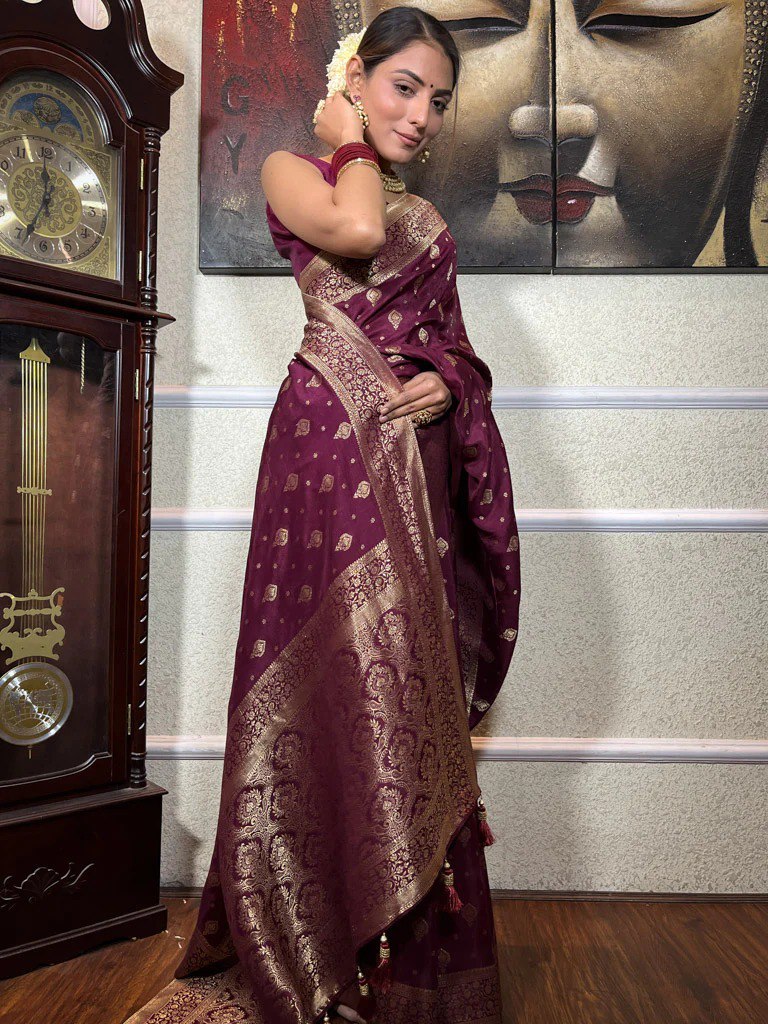 Moisey Wine Banarasi Silk Saree With Amazing Blouse Piece