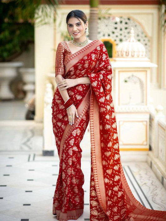 Jamsa Red Banarasi Silk Saree With Attractive Blouse Piece