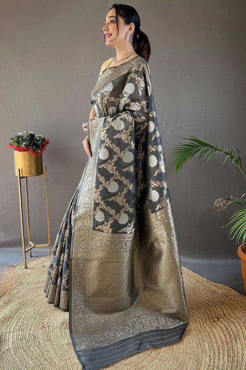 Orvi Grey Soft Banarasi Silk Saree With Imaginative Blouse Piece