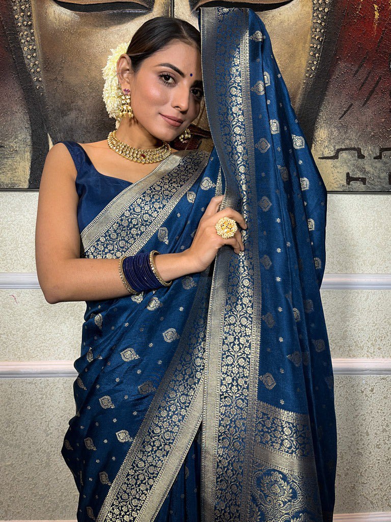 Moisey Teal Blue Banarasi Silk Saree With Amazing Blouse Piece