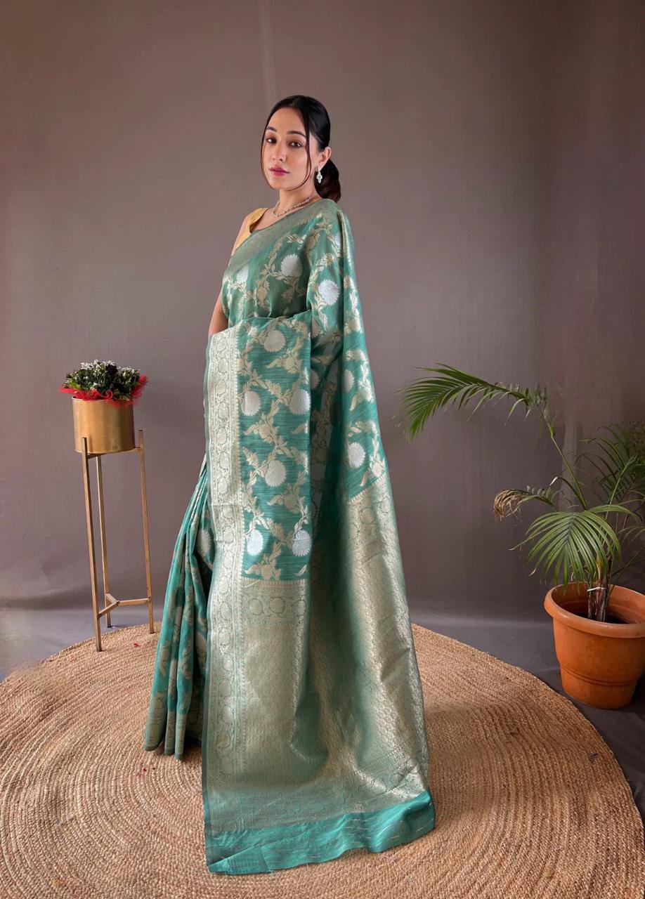 Orvi Firozi Soft Banarasi Silk Saree With Imaginative Blouse Piece