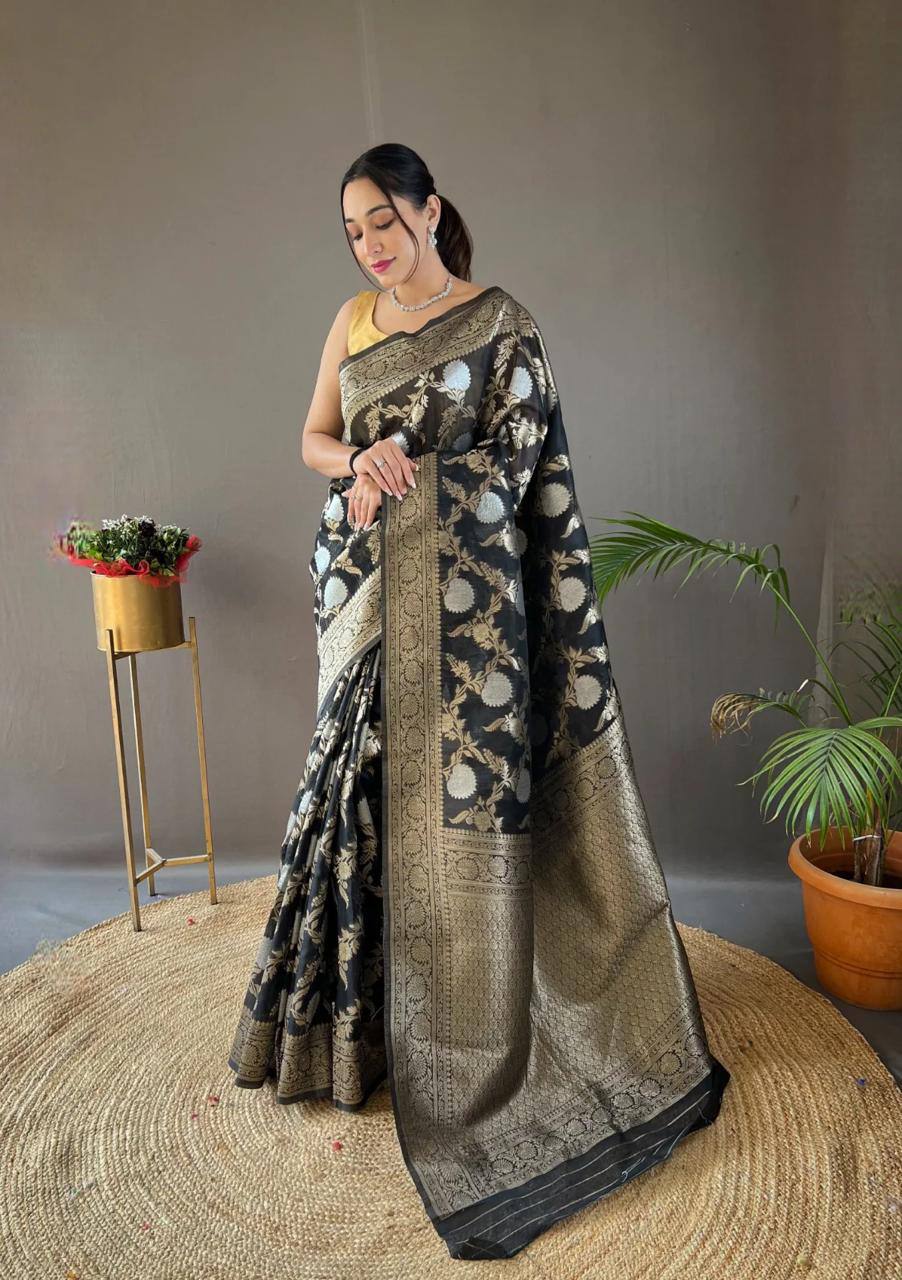 Orvi Black Soft Banarasi Silk Saree With Imaginative Blouse Piece