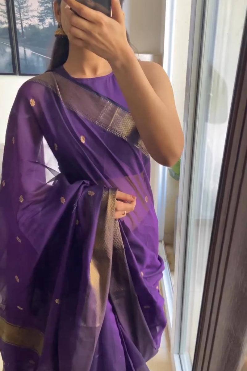 Beauteous Deep Rich Purple Soft Cotton Silk Saree With especial Blouse Attached