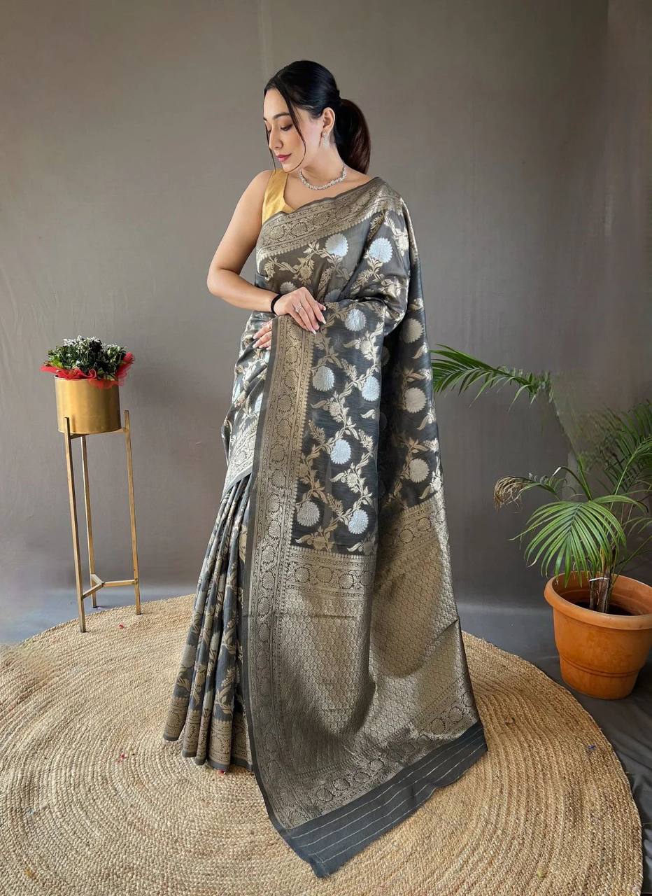 Orvi Grey Soft Banarasi Silk Saree With Imaginative Blouse Piece