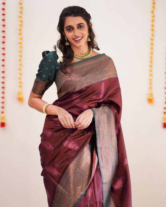 Komal Morpankh Wine Soft Silk Saree witch Attractive blouse piece