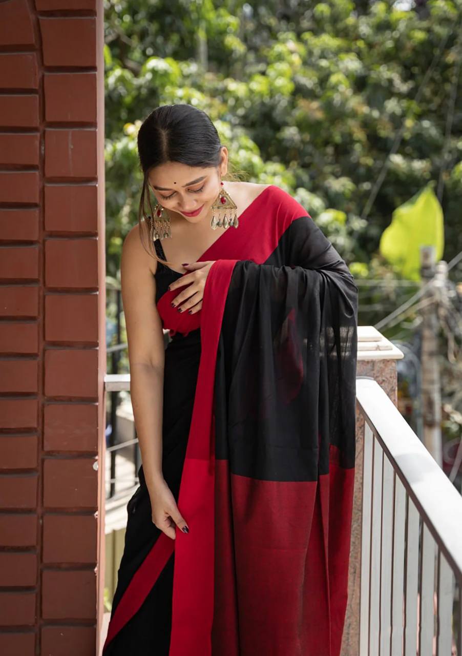 NIMIT Reddish Black Soft Linen Slub Saree With Mesmorising Blouse