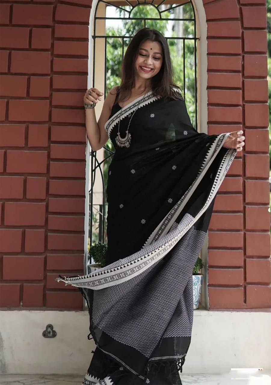 NIMIT SIlver Black Soft Linen Slub Saree With Mesmorising Blouse