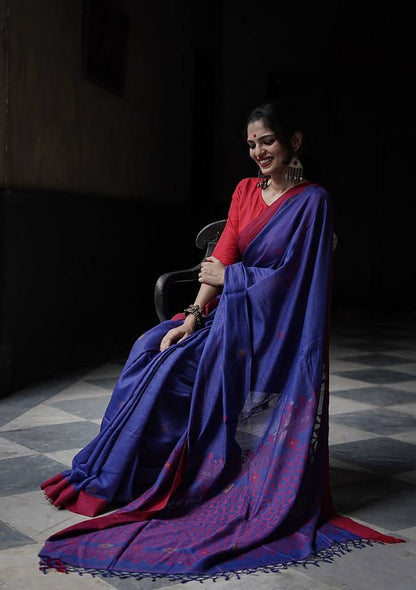 Vindhya Blue red Border Soft Linen Slub Saree With AttractiveBlouse