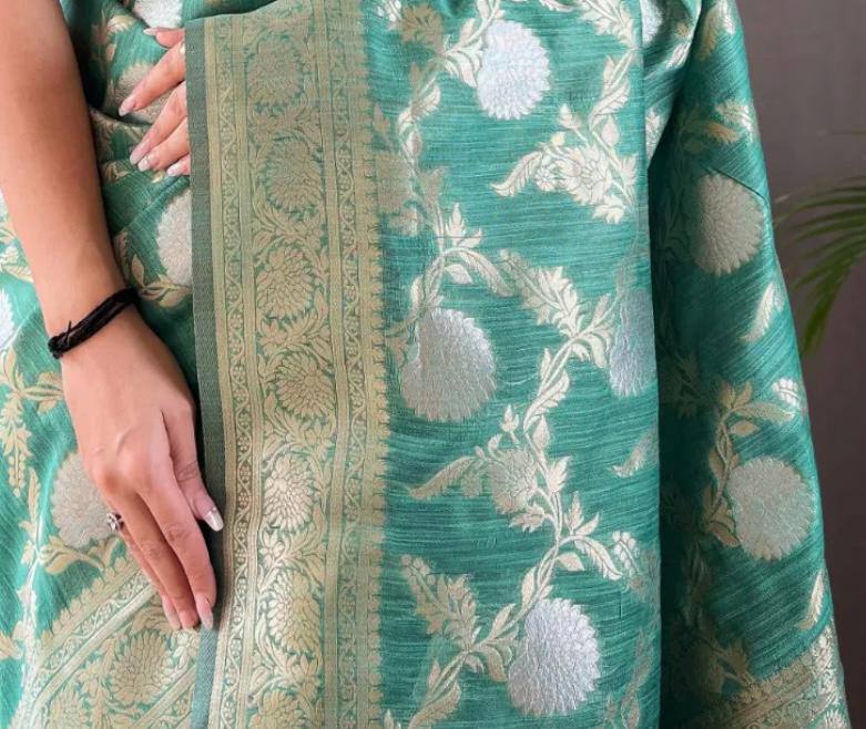 Orvi Firozi Soft Banarasi Silk Saree With Imaginative Blouse Piece