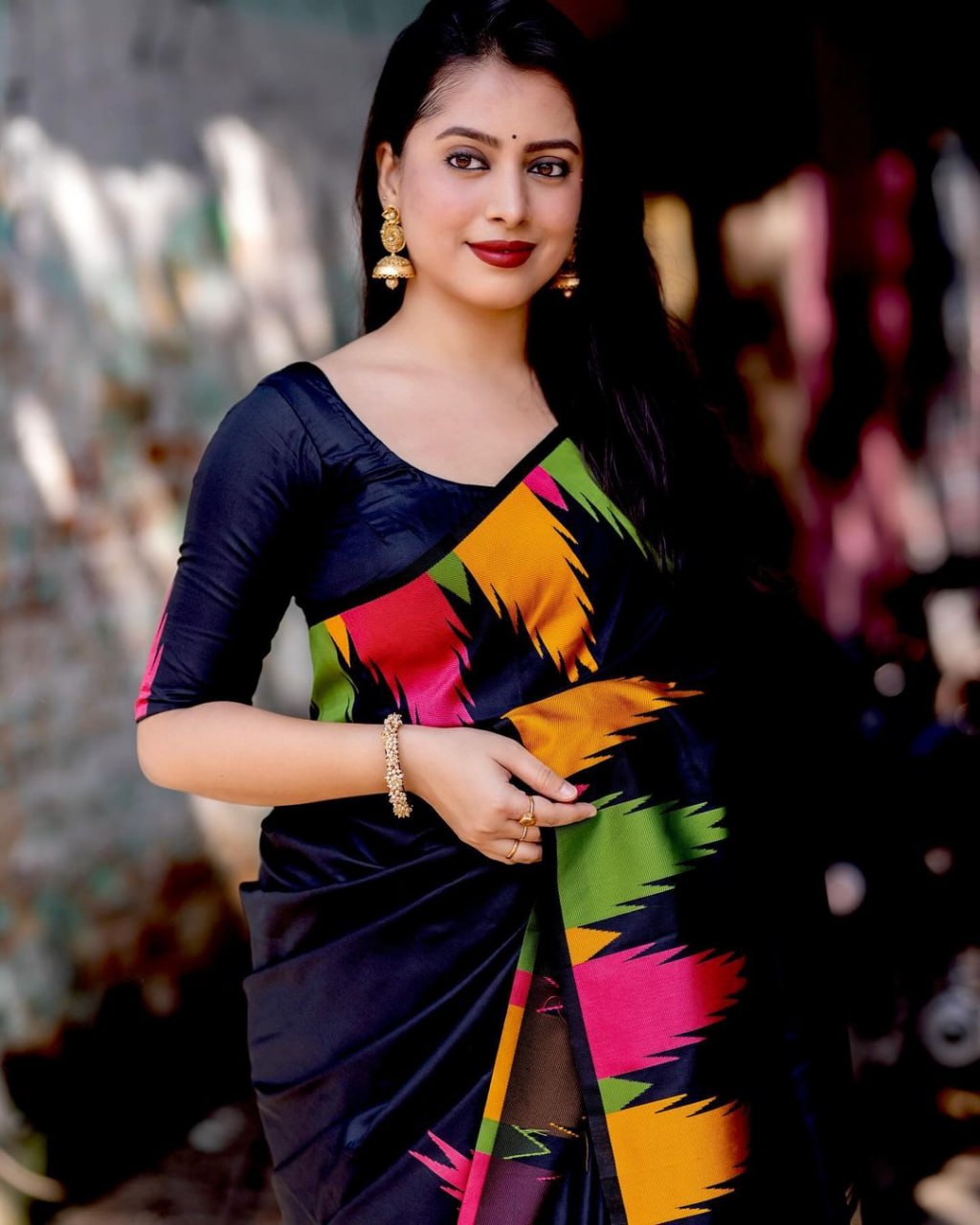 Minjyauu Black Soft Silk Saree With Attached Blouse