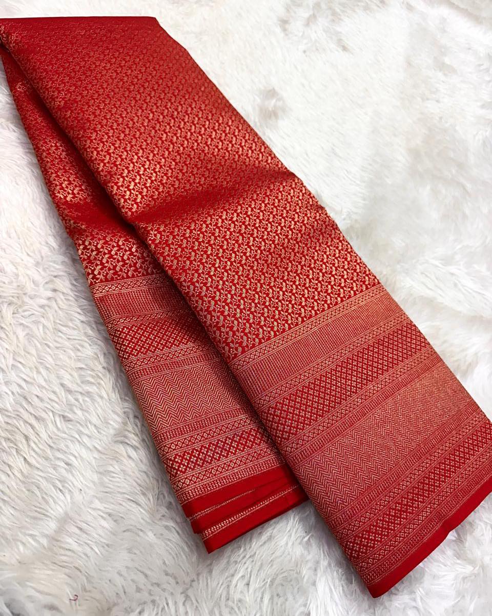 Aruna – Bridal Red Banarasi Soft Silk Saree with Allover Zari Weave &amp; Grand Border