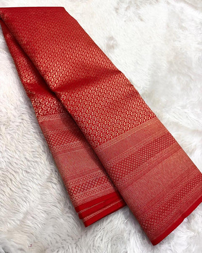 Aruna – Bridal Red Banarasi Soft Silk Saree with Allover Zari Weave &amp; Grand Border