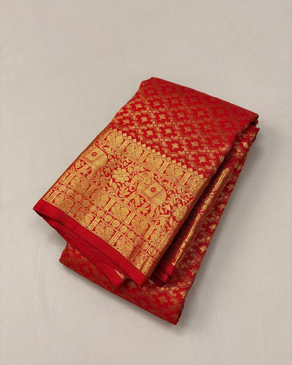Bhairavi – Temple Red Banarasi Soft Silk Saree with Elephant Zari Border &amp; Paisley Pallu