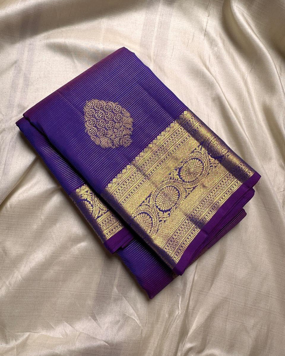 Ayushi – Purple Banarasi Soft Silk Saree with Gold Zari Butti &amp; Heritage Border