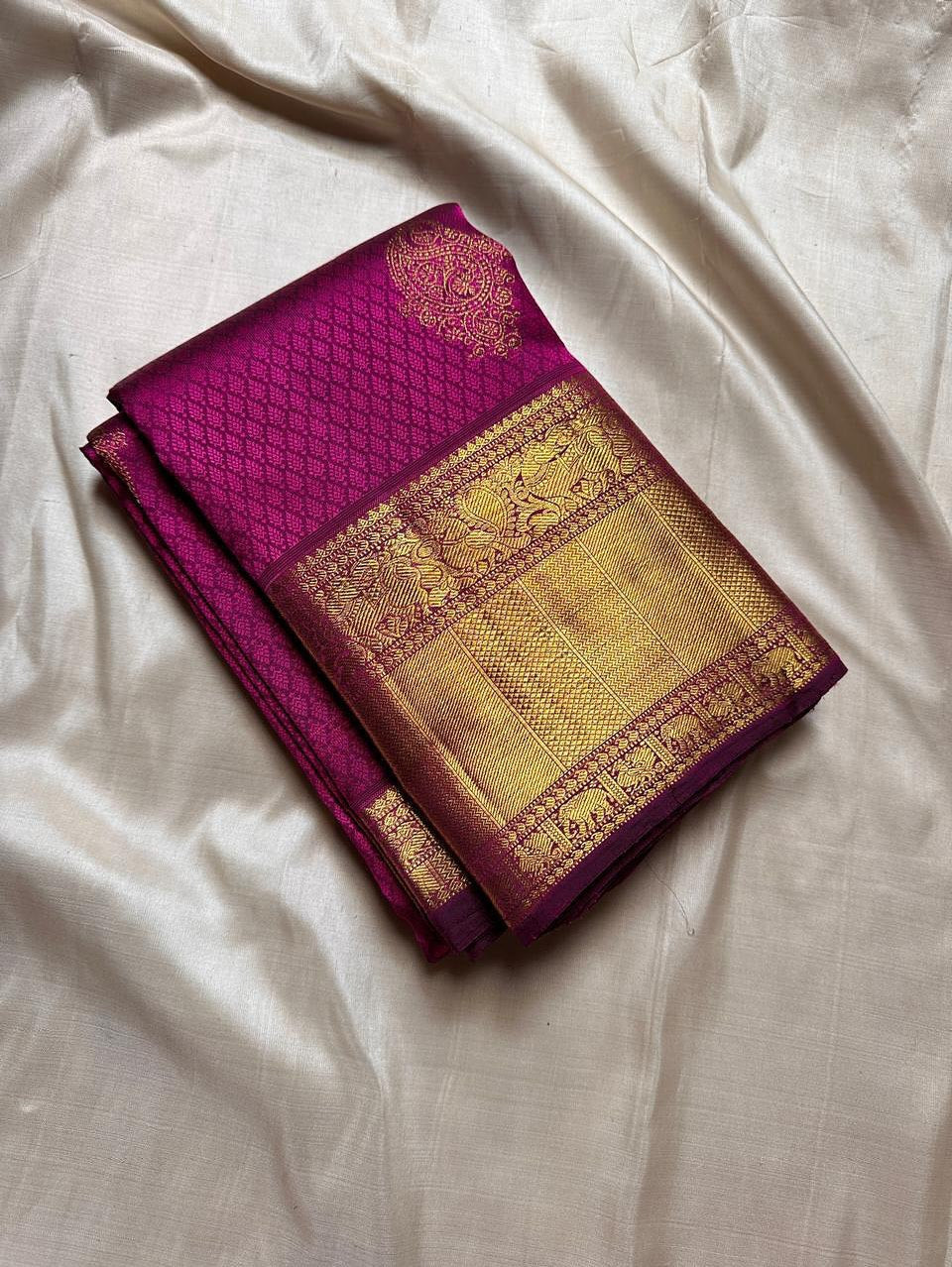 Dakshayani – Rani Pink Banarasi Soft Silk Saree with Gold Zari Butti &amp; Temple Border