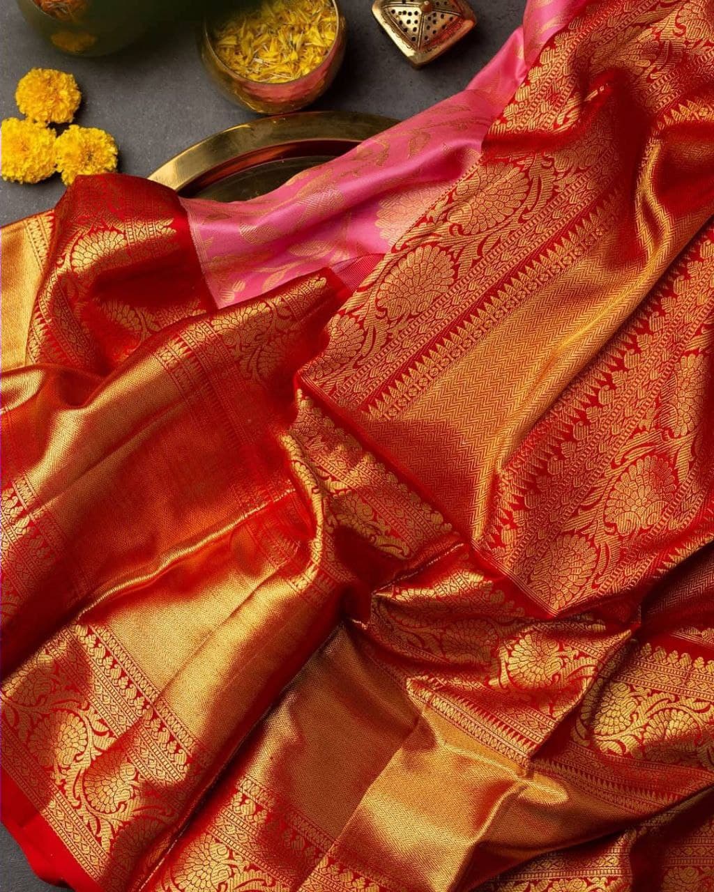 PINK VELLY TRADITIONAL KANCHI SOFT SILK SARI WITH ATTACHED BLOUSE