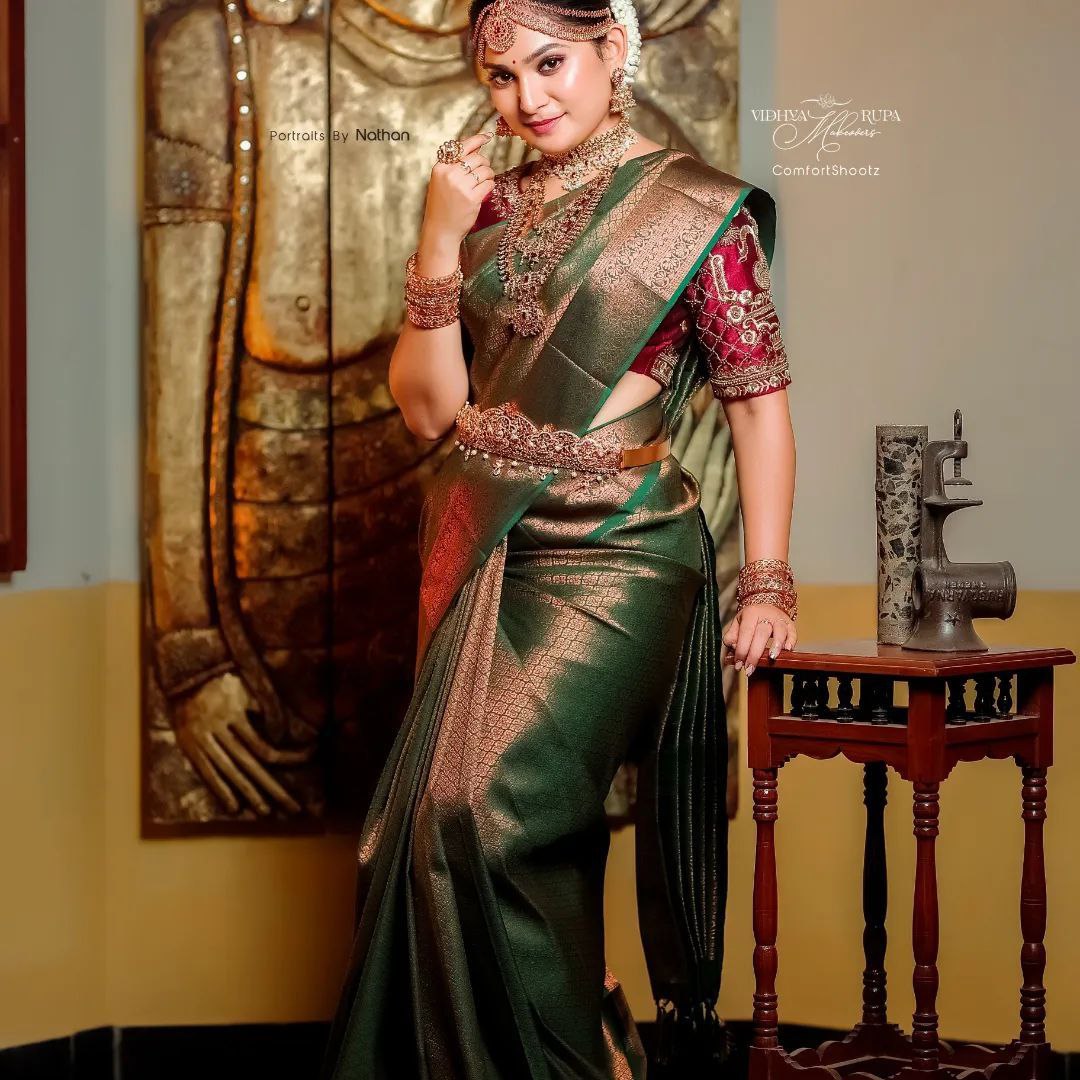 MAYA GREEN TRADITIONAL KANCHI SOFT SILK SARI WITH ATTACHED BLOUSE