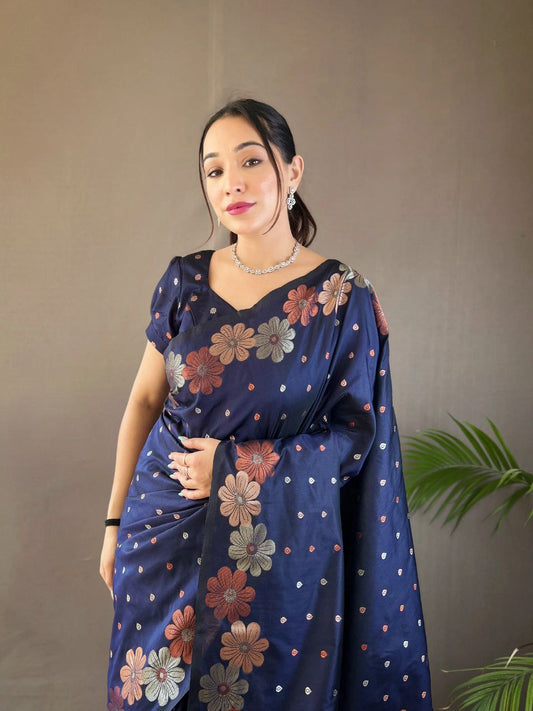 Axshita NavyBlue Banarasi Saree With Mesmorising Blouse Piece Attached