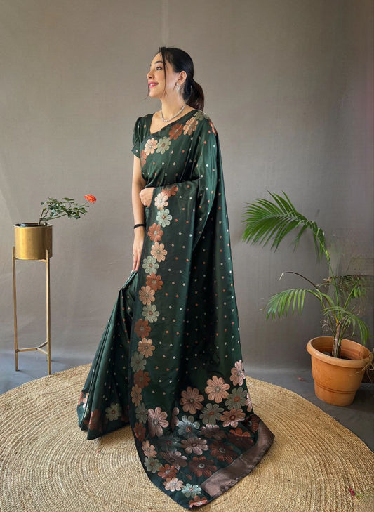 Axshita Green Banarasi Saree With Mesmorising Blouse Piece Attached