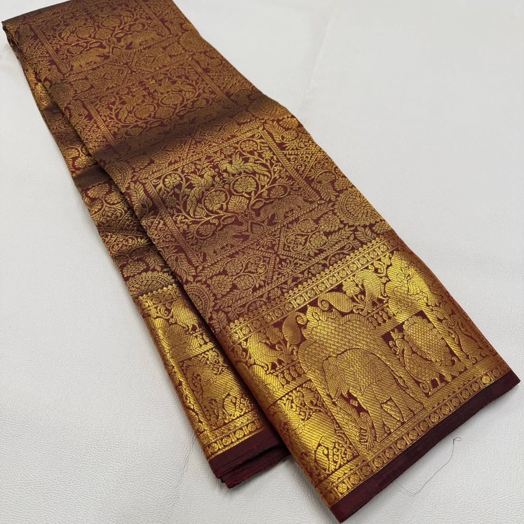 Pallavi – Maroon Gold Banarasi Soft Silk Saree with Royal Elephant Zari Weaving