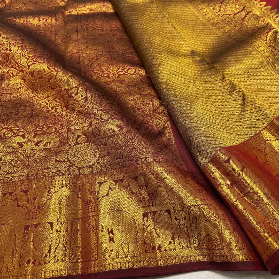 Pallavi – Maroon Gold Banarasi Soft Silk Saree with Royal Elephant Zari Weaving