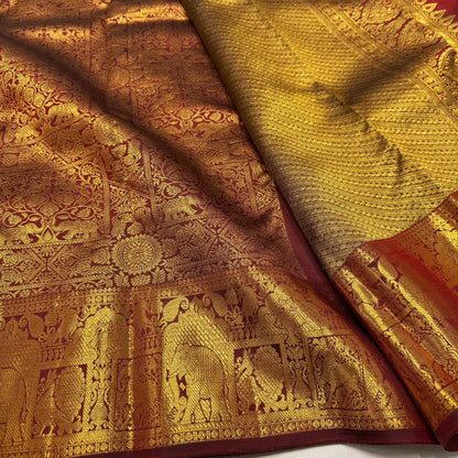 Pallavi – Maroon Gold Banarasi Soft Silk Saree with Royal Elephant Zari Weaving