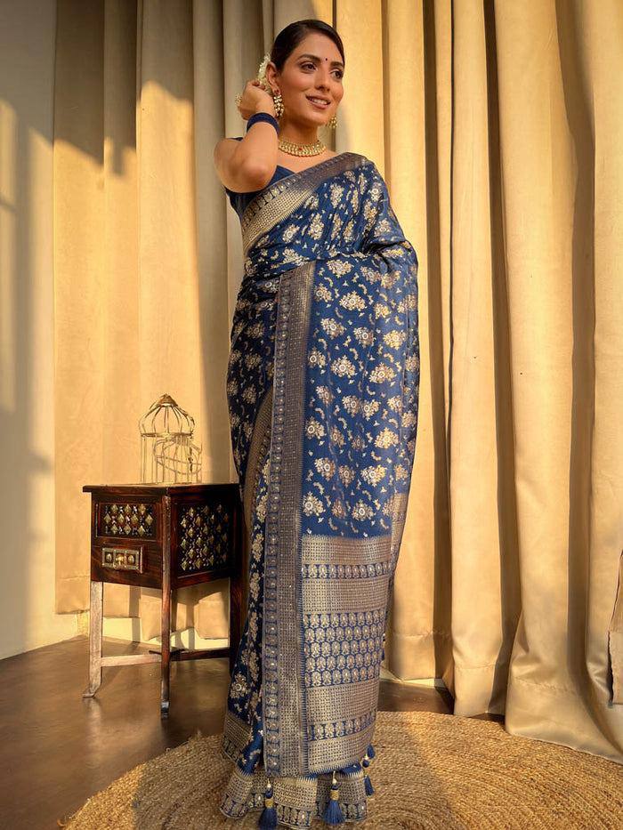 Jamsa Blue Banarasi Silk Saree With Attractive Blouse Piece