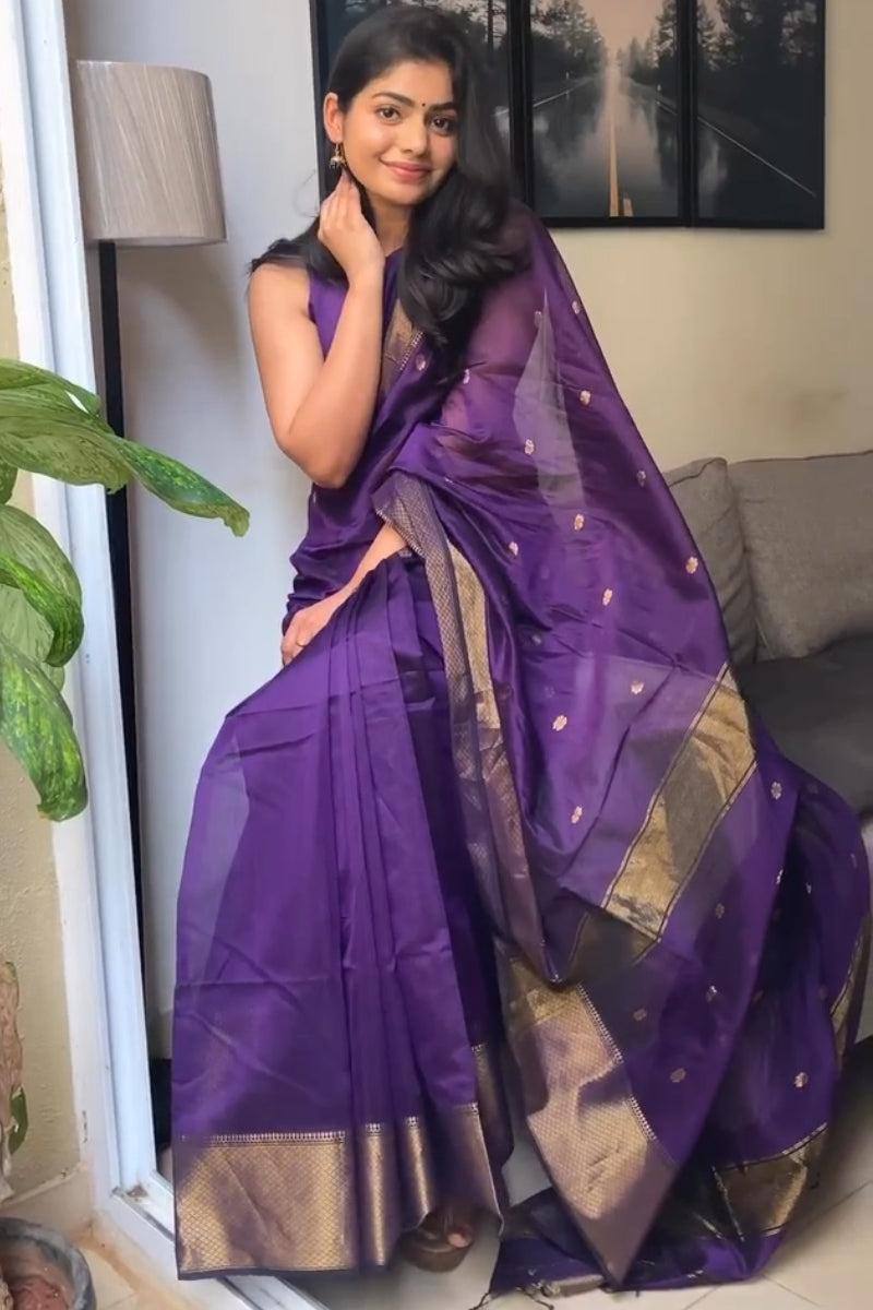 Beauteous Deep Rich Purple Soft Cotton Silk Saree With especial Blouse Attached