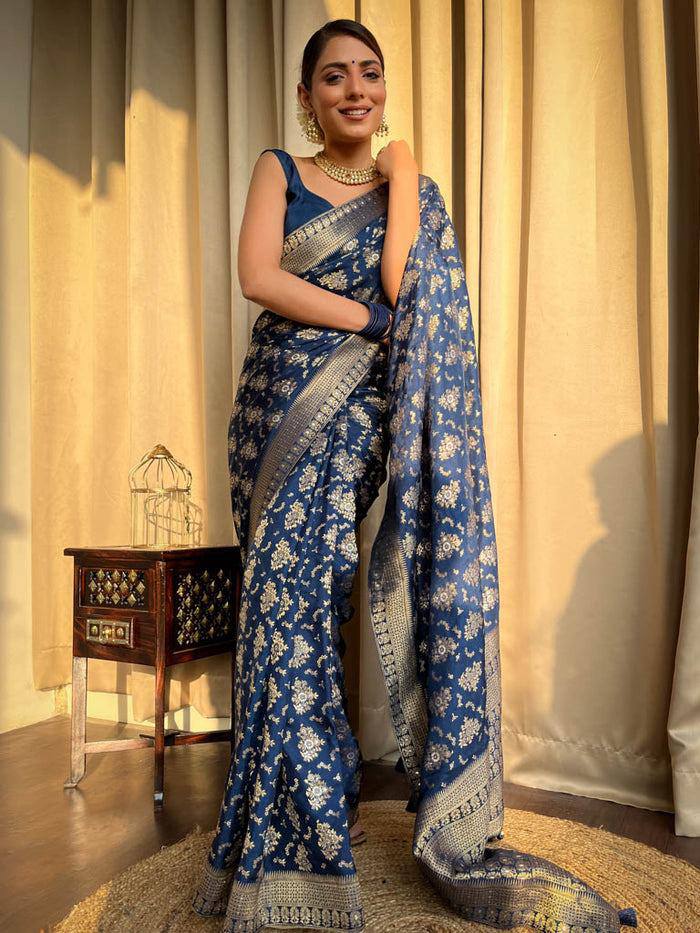 Jamsa Blue Banarasi Silk Saree With Attractive Blouse Piece