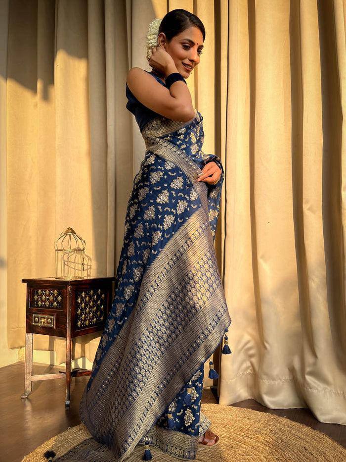 Jamsa Blue Banarasi Silk Saree With Attractive Blouse Piece