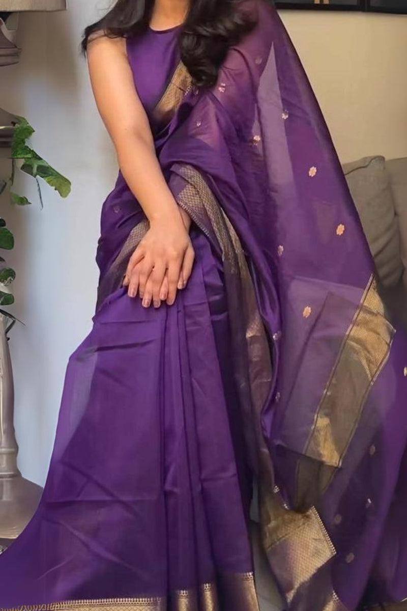 Beauteous Deep Rich Purple Soft Cotton Silk Saree With especial Blouse Attached