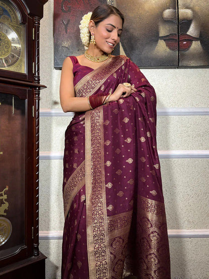 Moisey Wine Banarasi Silk Saree With Amazing Blouse Piece