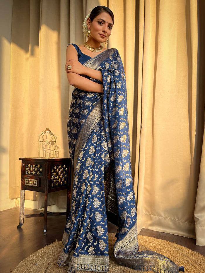 Jamsa Blue Banarasi Silk Saree With Attractive Blouse Piece