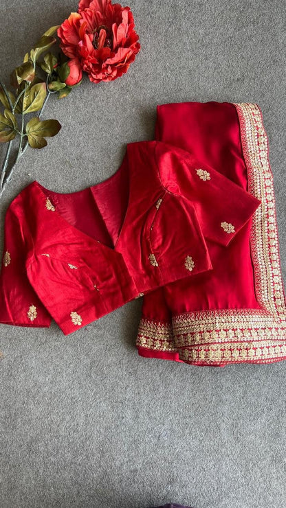 Breathtaking RED Embroidery Work Soft Silk Saree With Demanding Stiched-Blouse Piece