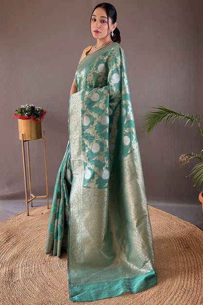 Orvi Firozi Soft Banarasi Silk Saree With Imaginative Blouse Piece