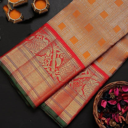 Anvi Mustard Yellow-Red Kanchipuram silk sari With Suitable Attached Blouse