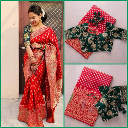 VInvaya Red-Mist Soft Banarasi Silk Saree With Two Attractive Blouse Piece