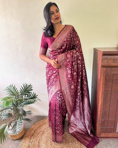 Vellingshaw Wine Banarasi Silk Saree WIth Fabulouse Blouse Piece