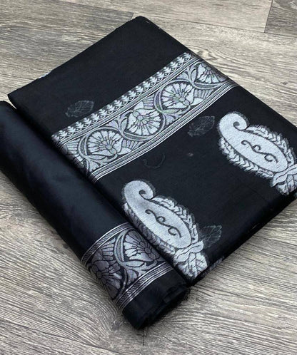 Beauteous Black Soft Cotton Silk Saree With especial Blouse Attached