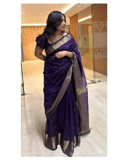 Beauteous Deep Rich Purple Soft Cotton Silk Saree With especial Blouse Attached