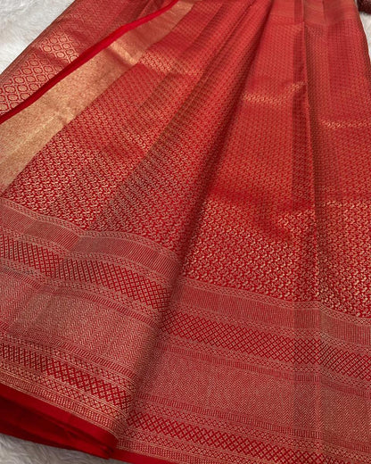 Aruna – Bridal Red Banarasi Soft Silk Saree with Allover Zari Weave &amp; Grand Border