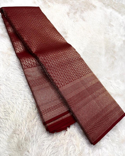 Meenal – Deep Maroon Banarasi Soft Silk Saree with Allover Zari Weave &amp; Classic Border