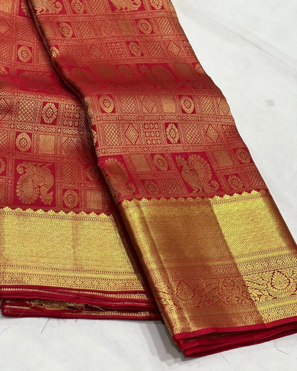 Uma – Vermilion Red Banarasi Soft Silk Saree with Peacock Zari Checks &amp; Grand Floral Pallu