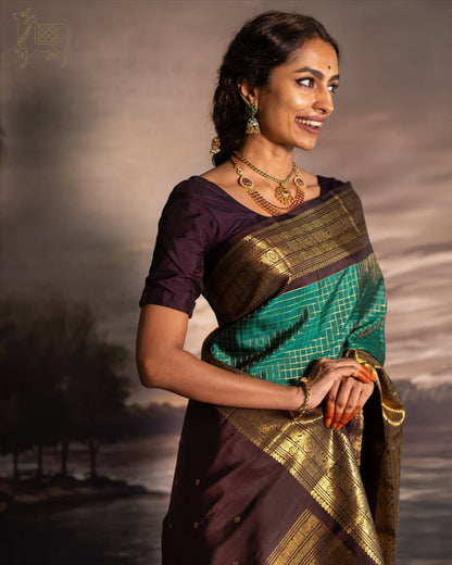 Pushpa – Emerald Green Banarasi Soft Silk Saree with Gold Checks &amp; Contrast Zari Border